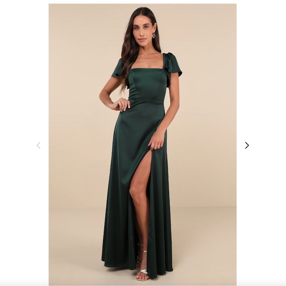 NWT Lulus Ultimate Sweetness Emerald Green Satin Flutter Sleeve Maxi Dress